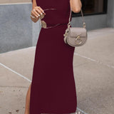 Cowl Neck Waisted Side Slit Midi Sweater Dress afbeelding 4