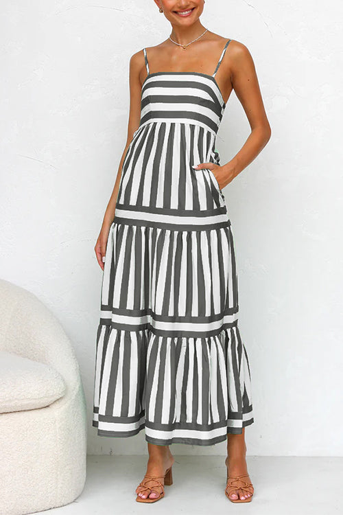 Margovil Spaghetti Strap Tiered Color Block Striped Maxi Dress afbeelding 8