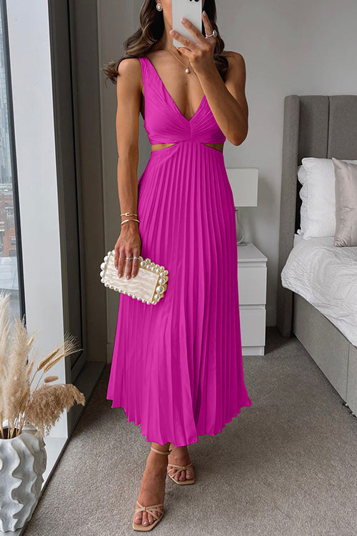 V Neck Cut Out Waist Sleeveless Pleated Maxi Dress(7 Colors Available!) afbeelding 3