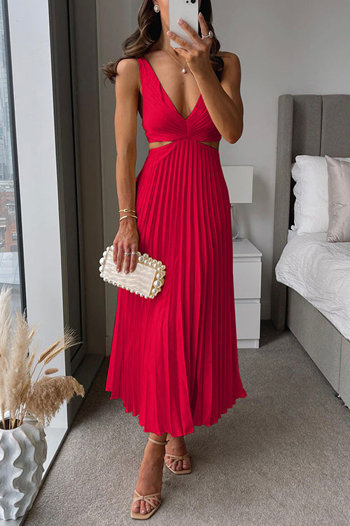 V Neck Cut Out Waist Sleeveless Pleated Maxi Dress(7 Colors Available!) afbeelding 9