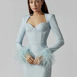 Celeste | Feather Trim Long Sleeve Dress
