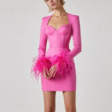 Celeste | Feather Trim Long Sleeve Dress