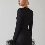 Celeste | Feather Trim Long Sleeve Dress